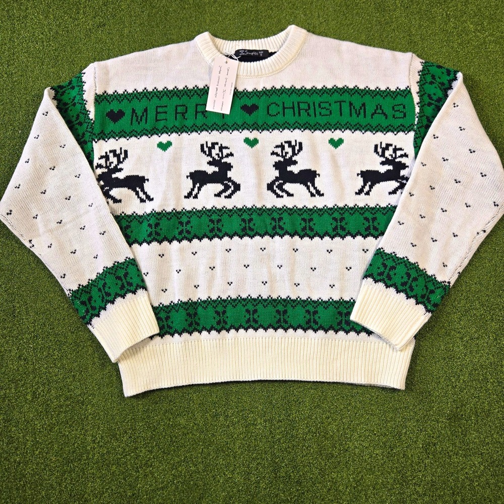 Simplee Women's Crew Neck Fair Isle Reindeer Christmas Knit Sweater Green small